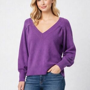 Cabi Purple V-Neck Sweater XS Fits S Puff Sleeve Cotton Blend Knit